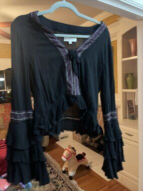 Rahi Cali Women Boho embroidered Black Long Bell Sleeve Blouse xs